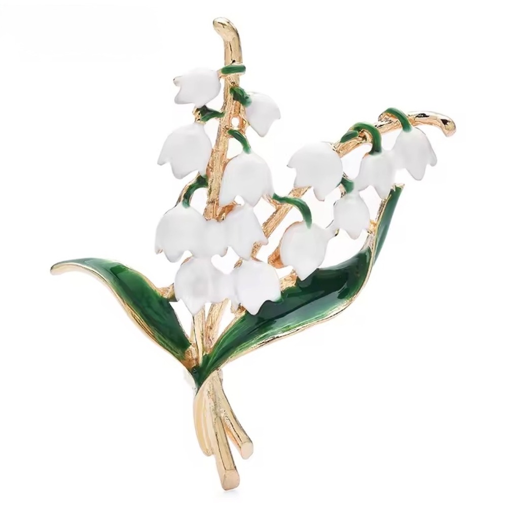 Lily‎ of the Valley Floral Brooch Pin White Enamel Gold Tone Spring Flower